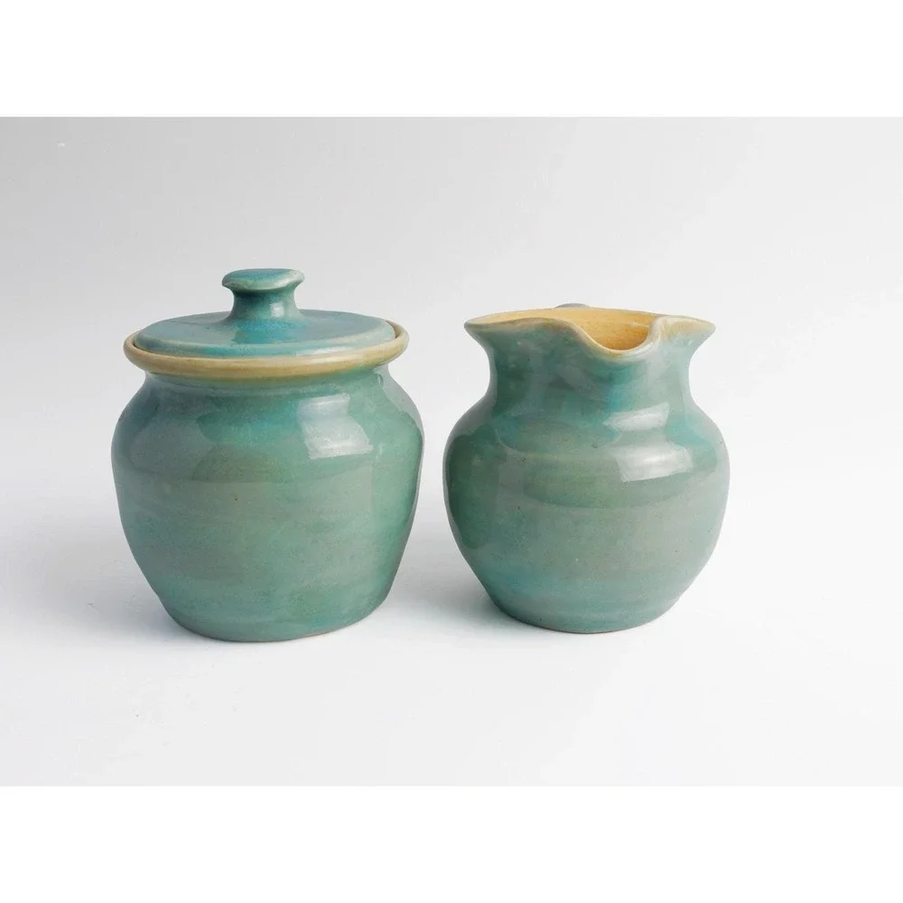 Pisgah Forest Pottery Vintage Creamer Sugar Set Blue-Green Glaze North Carolina